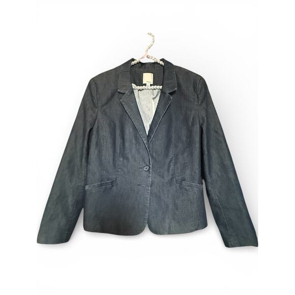 Halogen Petite L Dark Blue Denim Blazer Single-Breasted Notch Lapel Lined - Picture 2 of 6